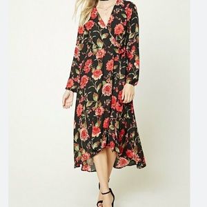 Forever 21 Black Floral Midi Dress with Red Flowers